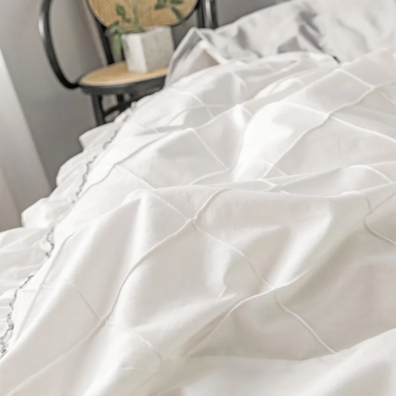 

100%Cotton Duvet Cover Bedding Plaid Pleat Bed Set Off White Multi Layers Ruffles Girls 4Pcs Queen King Size Bed Skirt Pillows