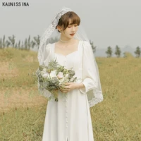 kaunissina women wedding dresses bridal dress long sleeve three quarter collar cheap bride satin simple wedding gowns