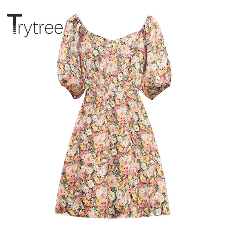 Летнее женское платье Trytree 2020 повседневное модное с V образным вырезом пышными