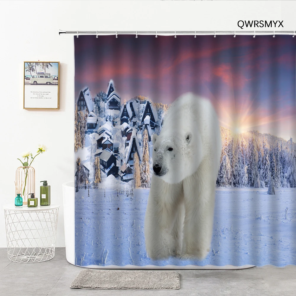 

Занавески для душа зимние с изображением белого медведя, роскошные занавески для ванной комнаты с природным пейзажем, наборы аксессуаров д...