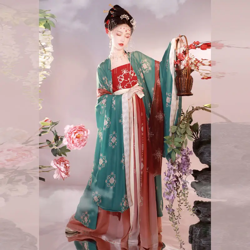 

Женский костюм ханьфу с вышивкой, костюм для косплея династии Тан с длинным рукавом, одежда для выступлений в старинном стиле, 2 предмета, ве...