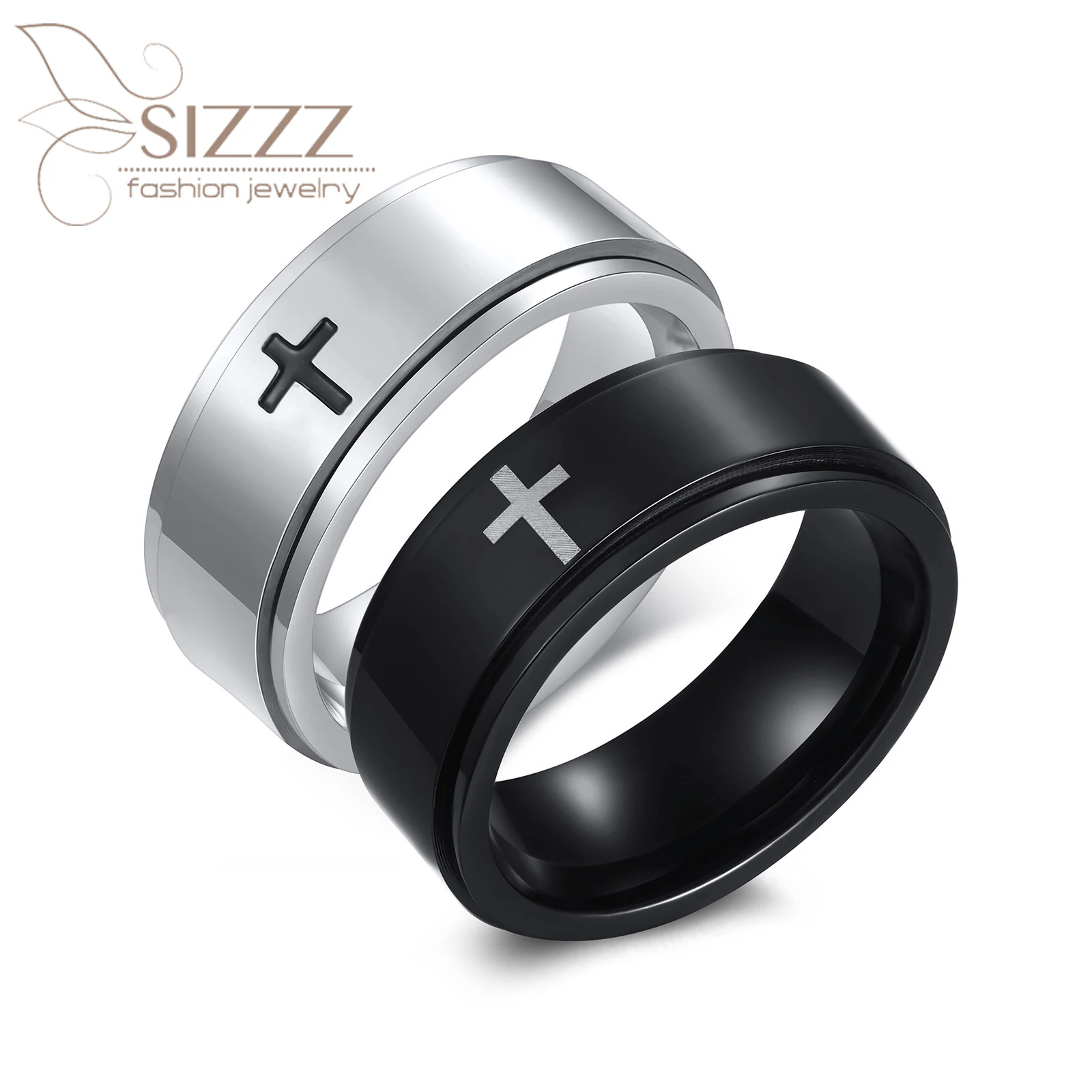 

SIZZZ 2022 Stainless Steel Laser Cross Rotatable Black Ring For Men Women Rotating Index Finger Jewelry Wholesale