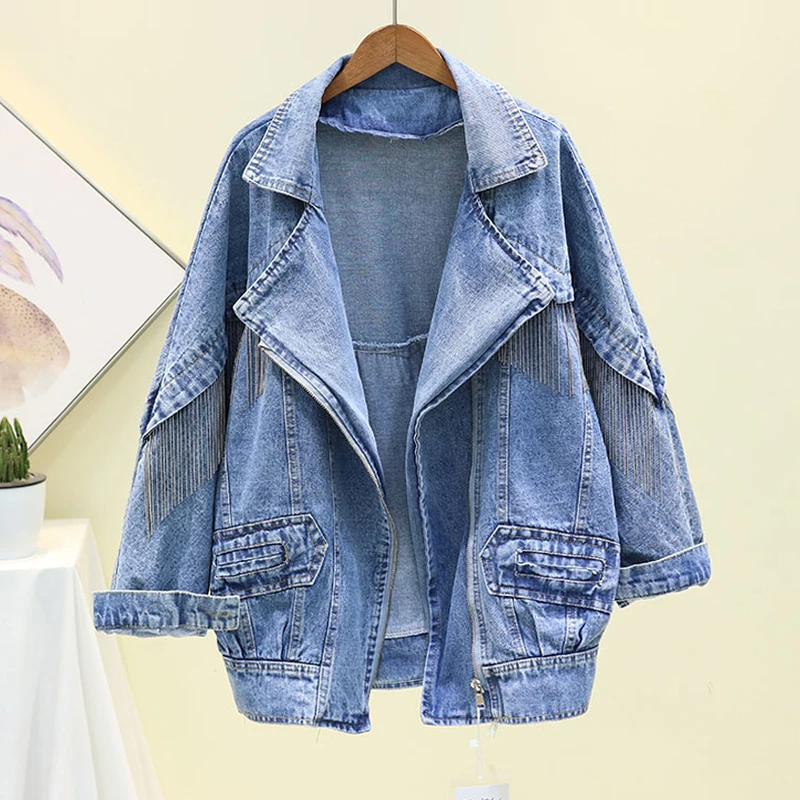 

Spring Black Denim Jacket Coat Women Loose Casual Outerwear Chaqueta Mujer Handwork Chain Tassel Long Blue Jeans Jackets Female