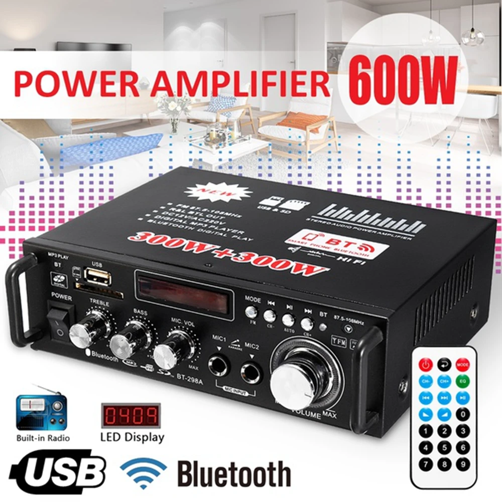 600W 12V 220V зарядных порта USB для автомобиля bluetooth Hi Fi стерео аудио Мощность усилитель