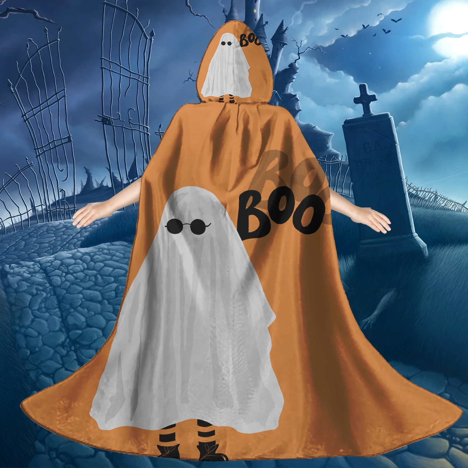 

Funny Style Cartoon Ghost Design Kid's Hooded Cloak Fashion Halloween Carnival Party Unisex Long Cape Cloak with Hood for Child