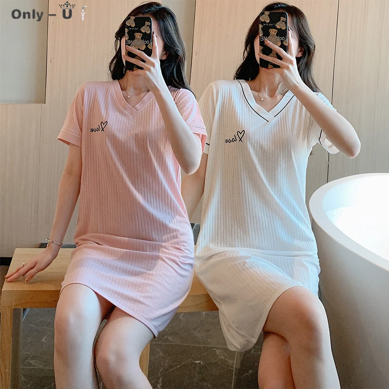 

2021 Summer Sexy V-neck Short Sleeve Cotton Nightgowns for Women Korean Sleepwear Ladies Night Gown Nightdress Home Dress Nighty