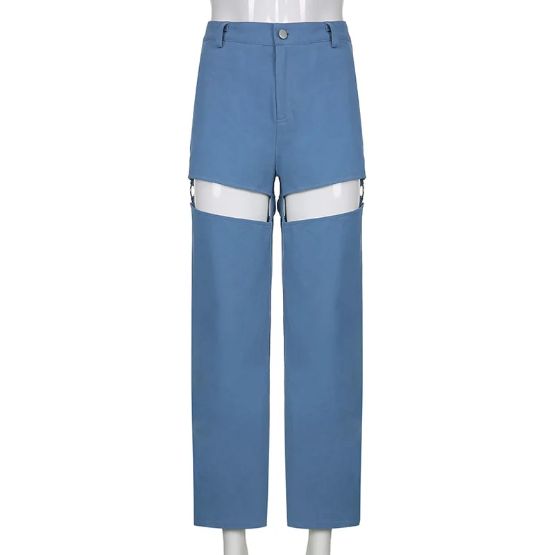 

ZHISILAO Streetwear Hollow Out Pants Women Solid Retro Split Trousers Hip Hop Harajuku Breasted High Waist Pants Cotton 2021