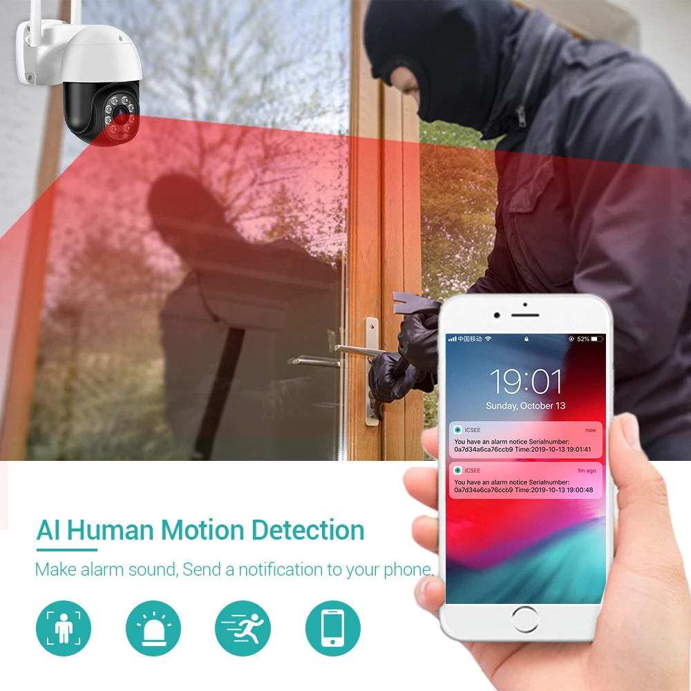 

5MP Auto Tracking Mini PTZ Wifi Camera H.265 ONVIF Wireless IP Camera 4xDigital Zoom AI Human Detection Dual Light Source ICSEE