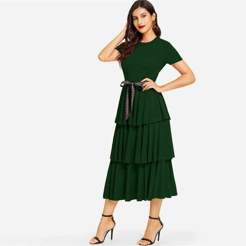 SHEIN Элегантное Длинное Платье с контрастной завязкой на талии, с многослойной оборкой, с высокой талией, женское летнее однотонное офисное платье трапециевидной формы, Платья для вечеринок