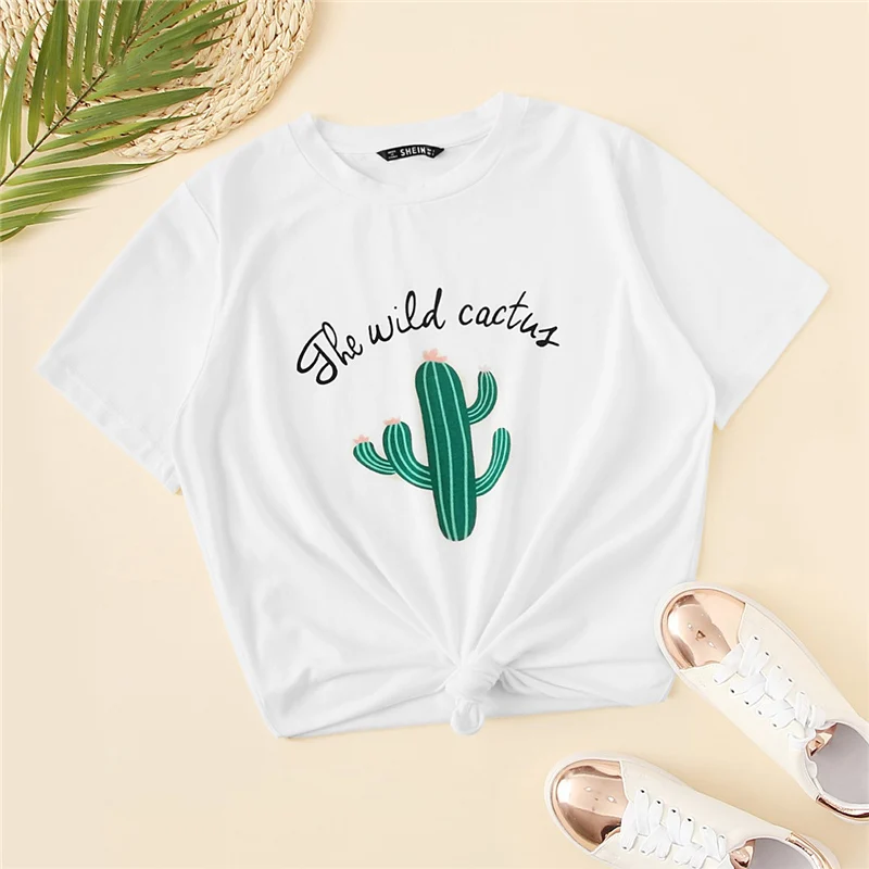 Белая футболка с принтом кактуса и букв Повседневная для женщин 2020 летние