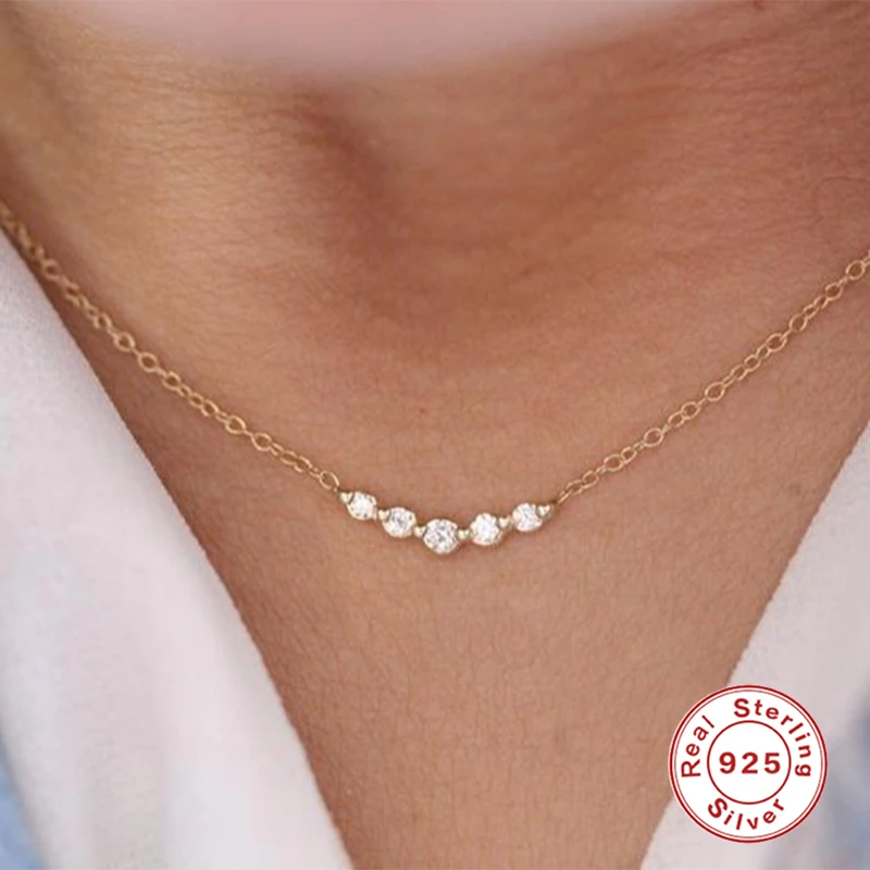 

Aide 925 Sterling Silver Five Round Zircon Chain Necklace For Women Girl All-match Simple Shiny Crystal Clavicle Choker Necklace