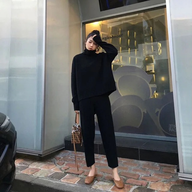 black New arrival Autumn winter Knitted Tracksuit Turtleneck Sweatshirts for Women Suit Clothing 2 Pcs Set Knit top Pants suit Female - Цвет: black