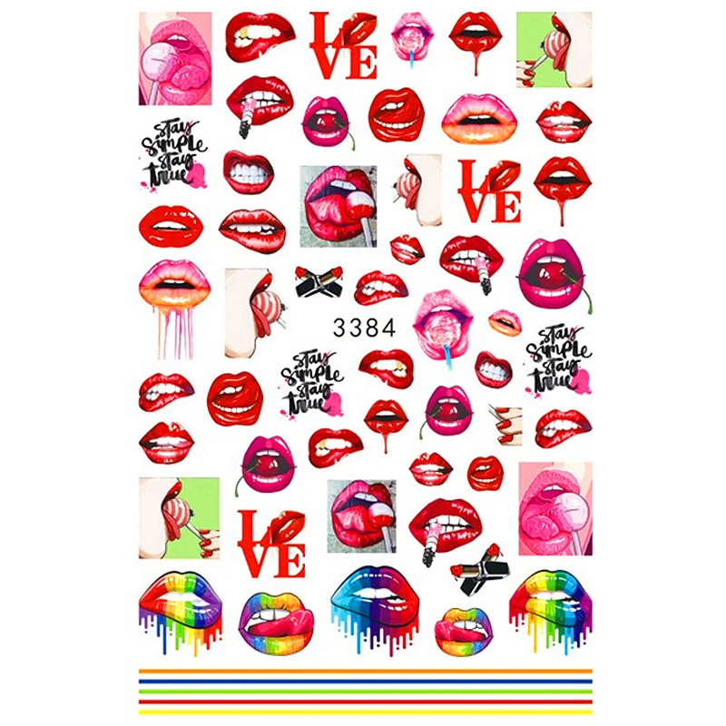 

10PCS Lips Lipstick Nail Art Sticker Portrait Letter Nail Slider Love Flower Cherry Design Decorative Applique Butterfly High He