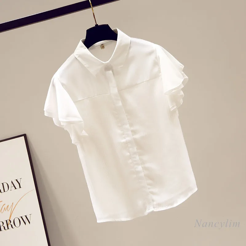 Chemise blanche en mousseline de soie pour femme, hauts à manches volantées, col de poupée, pour étudiantes, assorti à tout, été 2021