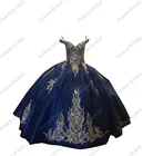 2022 потрясающее бальное платье с золотой вышивкой темно-синие платья в стиле бохо с открытыми плечами для quinceenera на 15 лет Charro с рукавом корсет