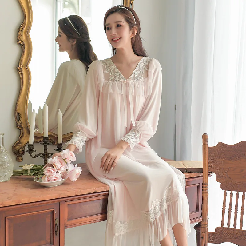 Court Style Nightdress Women's Long Sleeve French Style Retro Sweet Princess Lace Sexy Nightdress In Spring Autumn Sleep Tops