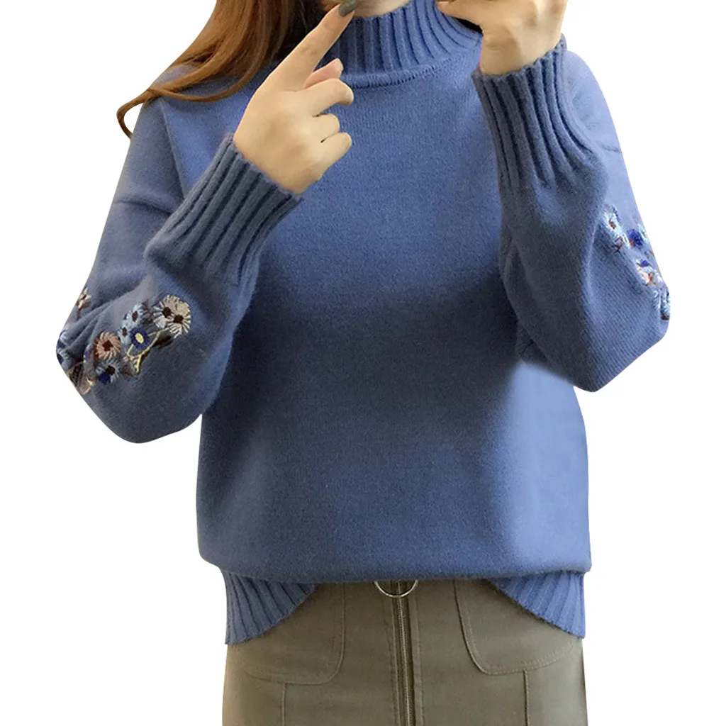 New Loose Thick Warm Winter Pullover Sweater Women Embroidery Jumper Half Turtleneck Long Sleeve Knit Yellow Sweater Female