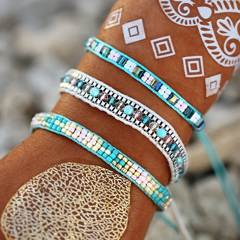 Многослойный Набор цветных браслетов с рисовыми бусинами для Женщин Модные