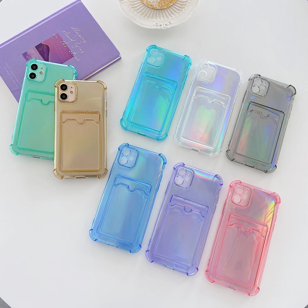 

Laser Transparent Card Bags Case for IPhone 11 12 Pro Max 12Pro XR X XS Max 8 7 Plus Silicone Shockproof Phone Cover Coque Funda