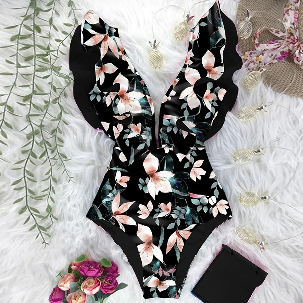 

2021 New Print Swimwear Deep V-neck Ruffle Swimsuit Push Up One Piece Swimsuit Beach Wear Backless Monokini