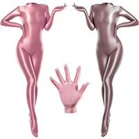 metelam one piece glossy satin long sleeve zipper back full length leotard with finger gloves catsuit plus size
