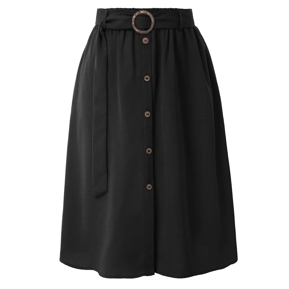 Belle poque, однотонные, с карманами, трапециевидные, повседневные, женские, с поясом, трендовые, женские юбки с поясом,, высокая талия, миди юбки для женщин - Цвет: Black