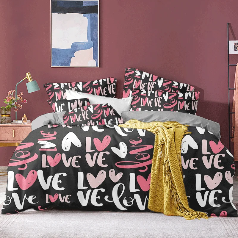 3D Bedding Set Red Heart Kiss Lips Mouth Print Duvet Cover With Pillowcase Polyester Bed Home Textiles For Adults |
