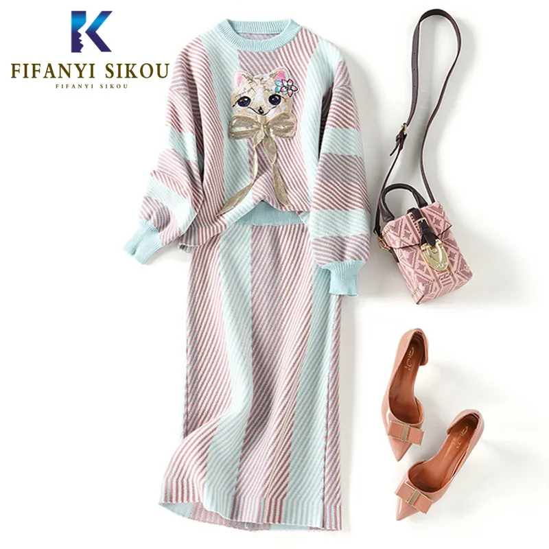 Осенне-зимний женский вязаный комплект из двух предметов модный мультяшный