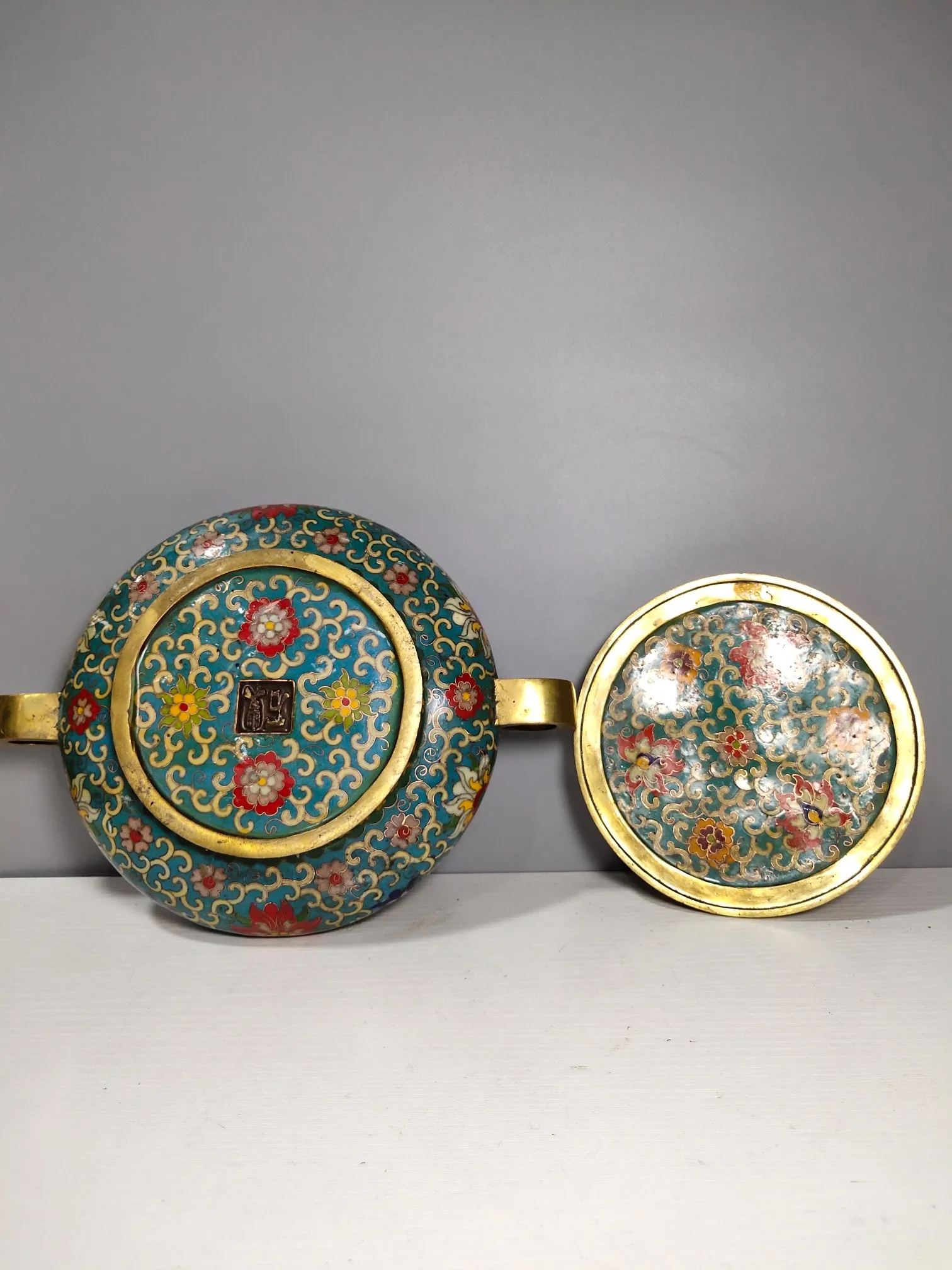 

Home Decor 11" Tibet Buddhism Old bronze Cloisonne Enamel Two-body Binaural Incense Burner Lotus pattern Incense