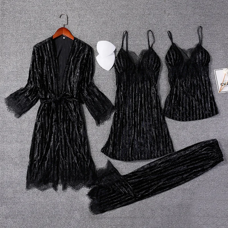 

Women Velour Sleepwear Sexy Nightwear 2PCS Sleep Set Autumn New Kimono Bathrobe Gown Nightgown Soft Intimate Lingerie