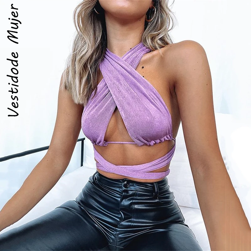 

Bandage Cut Out Halter Crop Tops Fashion Sleeveless Backless Cropped Top Rave Festival Summer Streetwear Multiple Ways To Wear