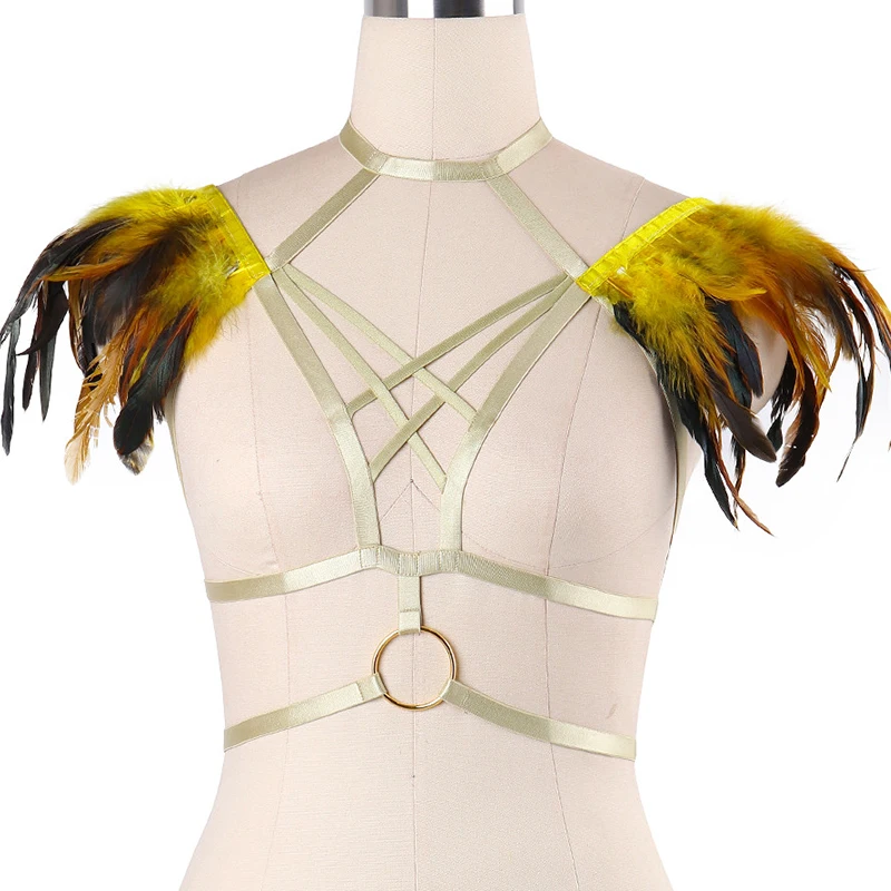 

Women Yellow Feather Bra Burning Festival Gothic Punk Crop Top Open Lingerie Body Bondage Plus Size Pole Dance Harness Bra Strap