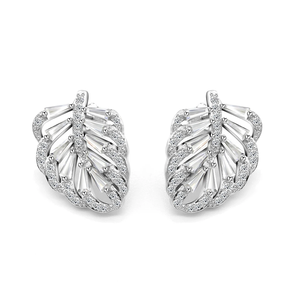 Женские серьги гвоздики из стерлингового серебра 925 пробы с листьями и фианитом