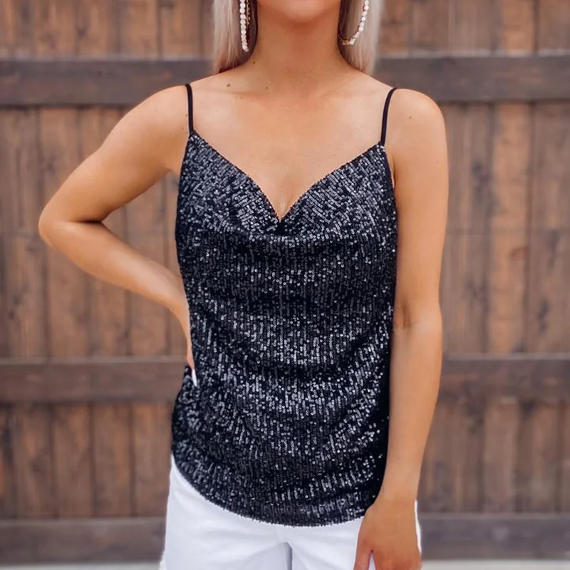 

Summer Off Shoulder Sleeveless Shirt Women Sexy Sequins Shiny Strapghetti Strap Blouses Female Slash Neck Solid Beach Top Blusa