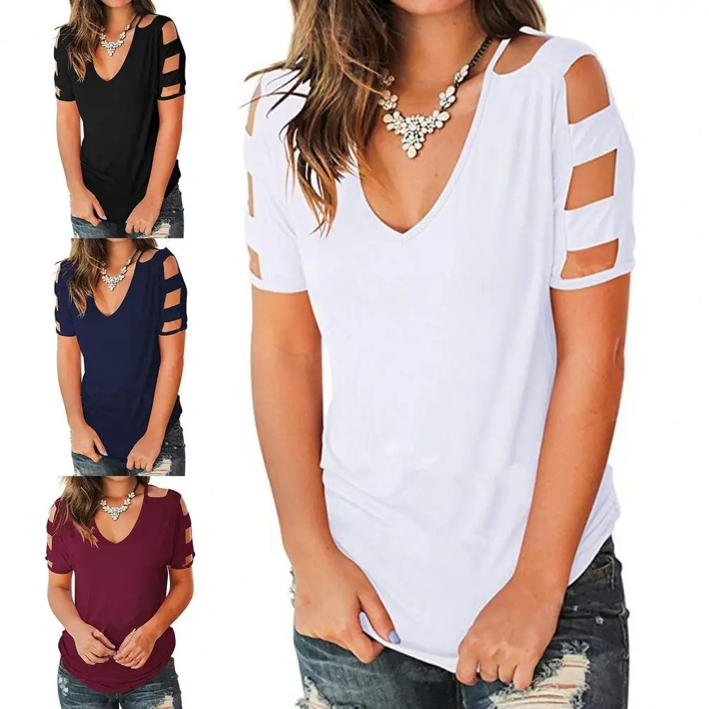 

Женский однотонный Свободный пуловер с V-образным вырезом и коротким рукавом