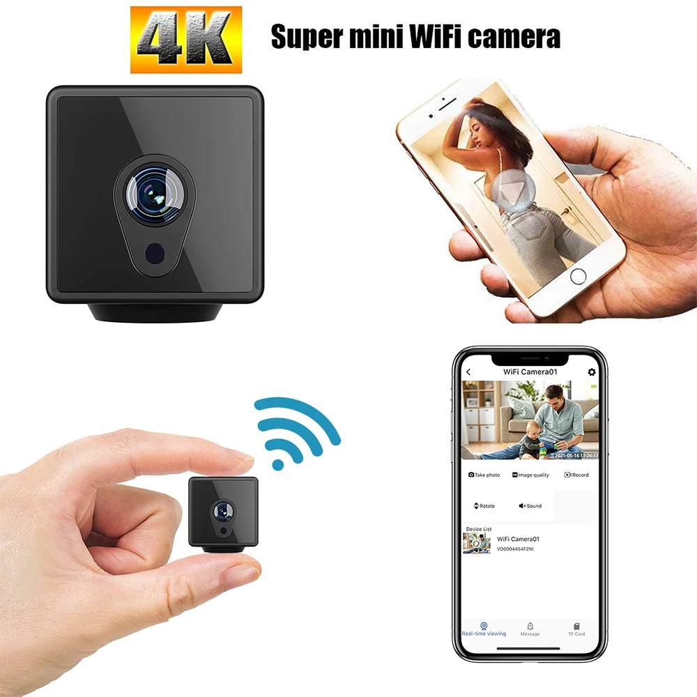 

Беспроводная мини-камера видеонаблюдения HD 4K, Wi-Fi, функция ночного видения, активация движением, дистанционное управление через приложение