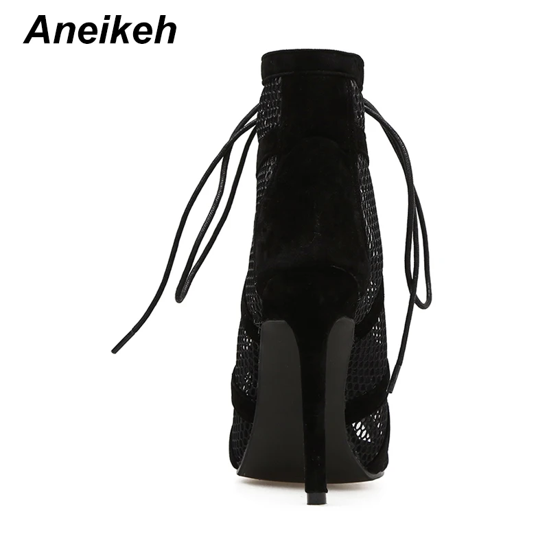 Aneikeh 2022 Fashion Basic Sandals Boots Women High Heels Pumps Sexy Hollow Out Mesh Lace-Up Cross-tied Boots Party Shoes 35-42