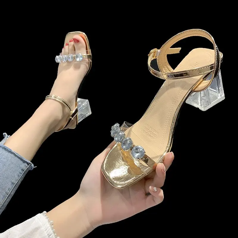 

Transparent Heel Sandals Women Rhinestone PVC Thick Heel Sandals Summer Party Dress Open Toe High Heel Sandals Women Gold Silver