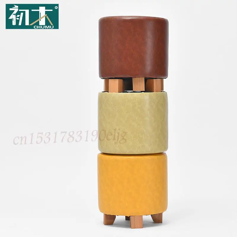 Маленький кожаный табурет из массива дерева для смены обуви Круглый Пирс