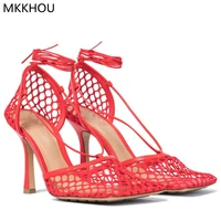 mkkhou fashion sandals women new leather hollow flat mouth mesh ankle straps stiletto 10cm high heel sandals summer all match