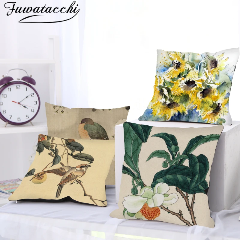 

Fuwatacchi Linen Pillow Cover Vintage Flower Printed Cushion Covers for Home Sofa Bed Decor Throw Pillowcase Funda Cojin 45x45cm