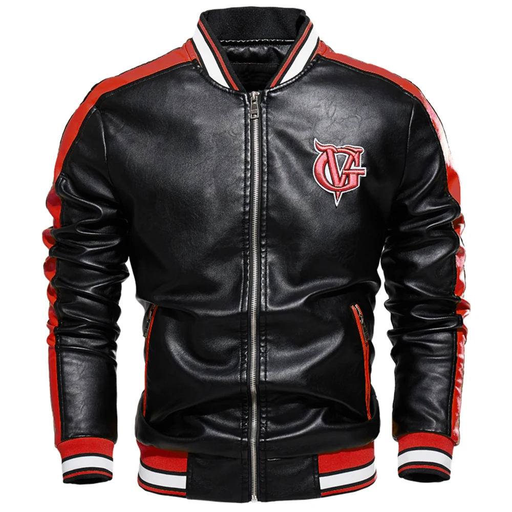 

2021 Men Jacket Casual Letter Embroidery Leather Jacket Streetwear Fashion Tops Patchwork Leather Bomber Jacket Autumn Coat Men