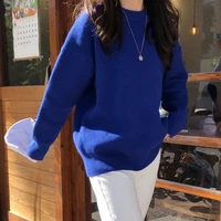 dark blue knitted sweater women o neck long sleeve casual jumpers o neck warm korean autumn winter pullovers loose outwear x593