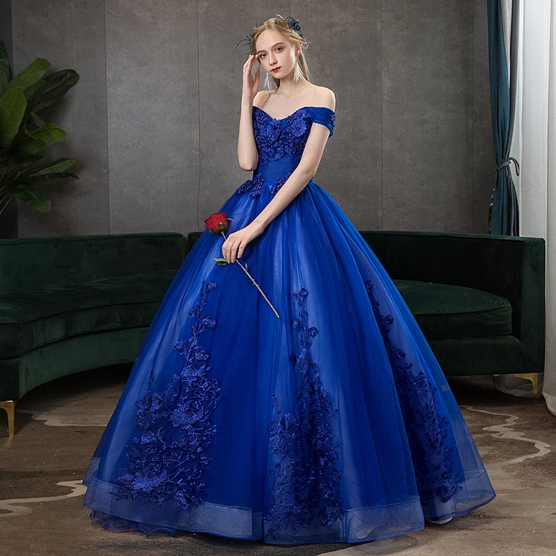 Роскошные платья для девушек Королевский синий вечерний бальный наряд с открытыми плечами кружевное вышитое винтажное платье для девушек