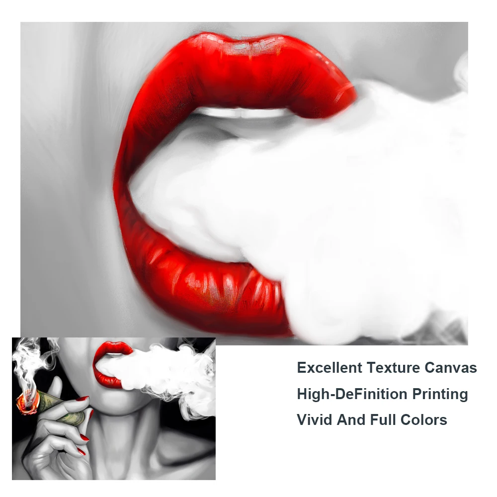

Black White Red Lipped Sexy Smoking Woman Wall Art Canvas Painting Poster And Print Pictures For Living Room Modern Home Decor