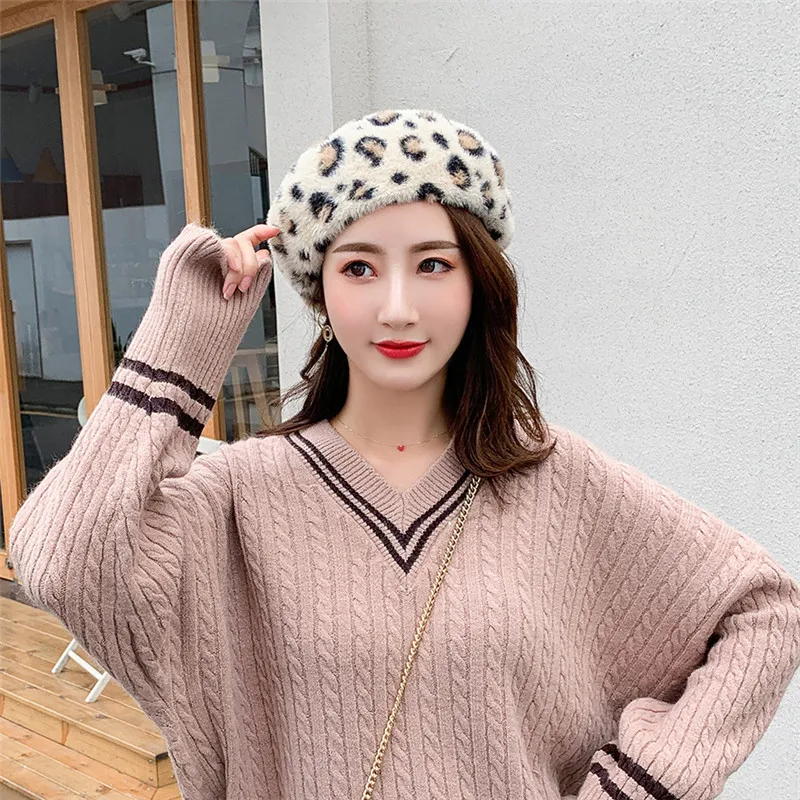 

JIUCE 040 Winter Women 100% Women Leopard Print beret hat Elegant Artist Pumpkin Beret cap