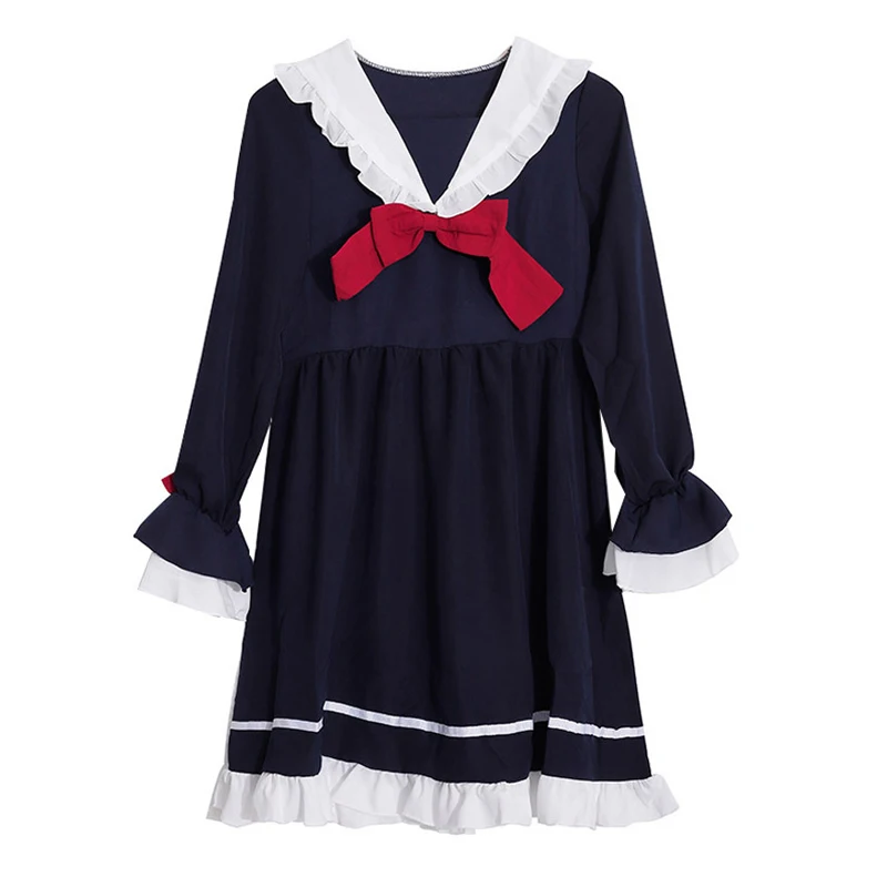 

Lolita Dress Girls Long Sleeve Spring Autumn Navy Dress Japanese Kawaii Doll Collar Loose Dress Female Tea Party Clothes VO728