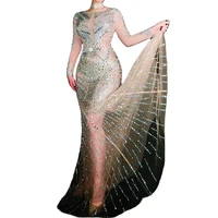 shining diamonds long sleeve voile tail dress mesh transparent women dresses nightclub singer dancer performance costumes