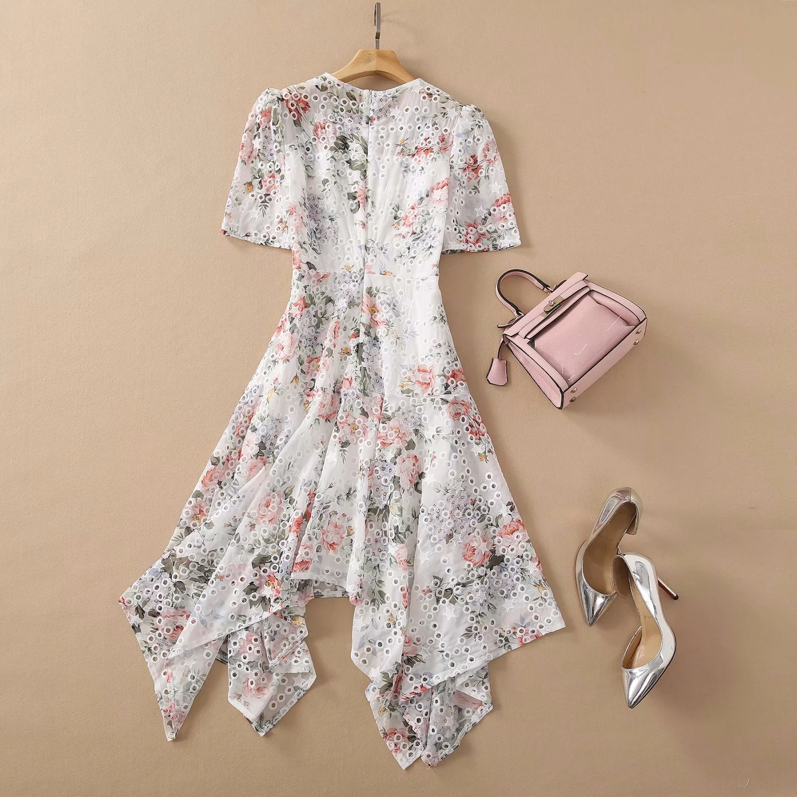 

HIGH QUALITY 2021 Summer New Style Short Sleeve Embroidery Print Asymmetrical Dress