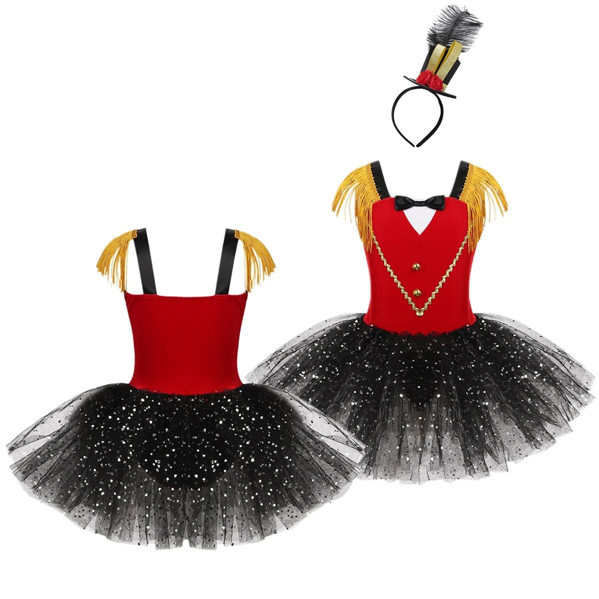 Kids Girls Halloween Circus Ringmaster Costume Dancewear Sleeveless Tassel Bowtie Sweetheart Foil Sequins Mesh Tutu Dress